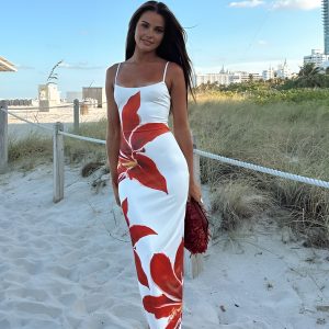 Floral Print Sleeveless Maxi Dress with Side Split for Y2K Aesthetic Outfits