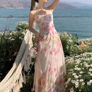 Floral Print Spaghetti Strap Dress - Elegant Sleeveless Summer Vacation Outfit for Women