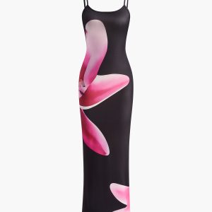 Floral Print Square Neck Slim Dress with Split - Y2K Aesthetic Fashion Essential