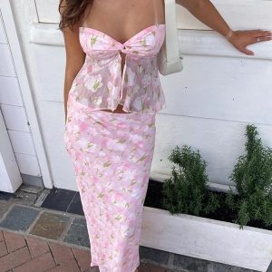 Floral Print Tube Top Midi Dress Set - Sexy Matching Suit for Summer Beach Party Y2K Style