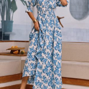 Floral Print Y2K Aesthetic Split Long Dress for Effortless Coquette Style