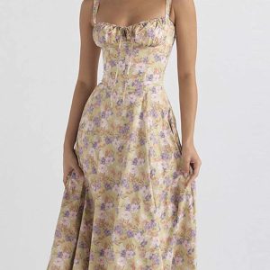 Floral Print Y2K Aesthetic Summer Dress with Short Sleeves and Spaghetti Straps for Parties