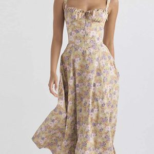 Floral Print Y2K Aesthetic Summer Dress with Short Sleeves and Spaghetti Straps for Parties