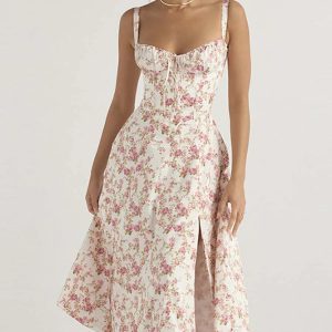 Floral Print Y2K Aesthetic Summer Dress with Short Sleeves and Spaghetti Straps for Parties