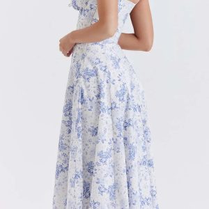 Floral Print Y2K Aesthetic Summer Dress with Short Sleeves and Spaghetti Straps for Parties