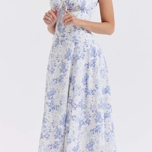 Floral Print Y2K Aesthetic Summer Dress with Short Sleeves and Spaghetti Straps for Parties