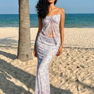 Floral Print Y2K Maxi Dress Set with Sexy Spaghetti Strap Mesh Camisole for Summer Beach Wear