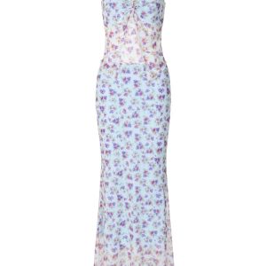 Floral Print Y2K Maxi Dress Set with Sexy Spaghetti Strap Mesh Camisole for Summer Beach Wear