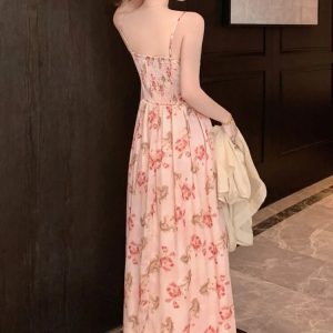 Floral Printed A-Line Midi Dress for Women - Spaghetti Strap Sweet Casual Y2K Fashion