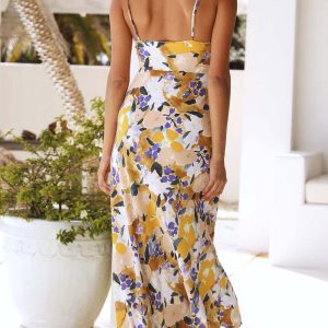 Floral Printed Backless Cami Dress with Slit - Y2K Aesthetic Summer Style