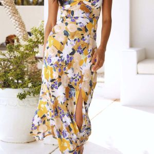 Floral Printed Backless Cami Dress with Slit - Y2K Aesthetic Summer Style