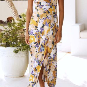 Floral Printed Backless Cami Dress with Slit - Y2K Aesthetic Summer Style