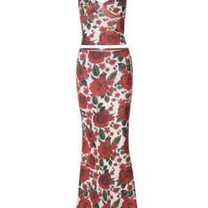 Floral Printed Y2K Matching Camisole Tops & Maxi Dress Set for Summer Evening Parties