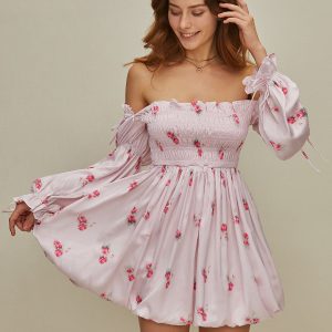 Floral Puff Sleeve Shirred Dress - Y2K Aesthetic Cute Dress for Coquette Style Outfits