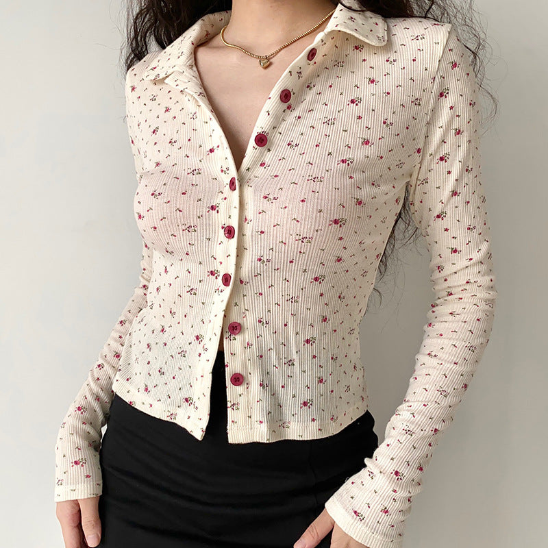 Floral Ribbed Polo Neck Blouse - Y2K Aesthetic Cute Top for Coquette Style Outfits