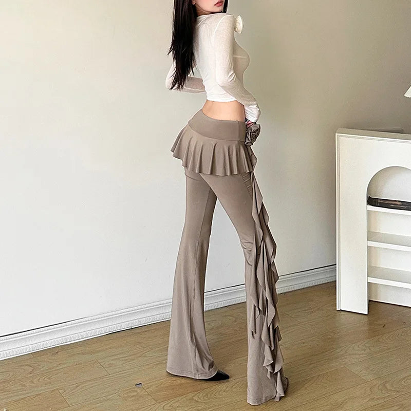 Floral Ribbon Straight Pants for Women - Solid Color Casual High Stretch Patchwork Trousers