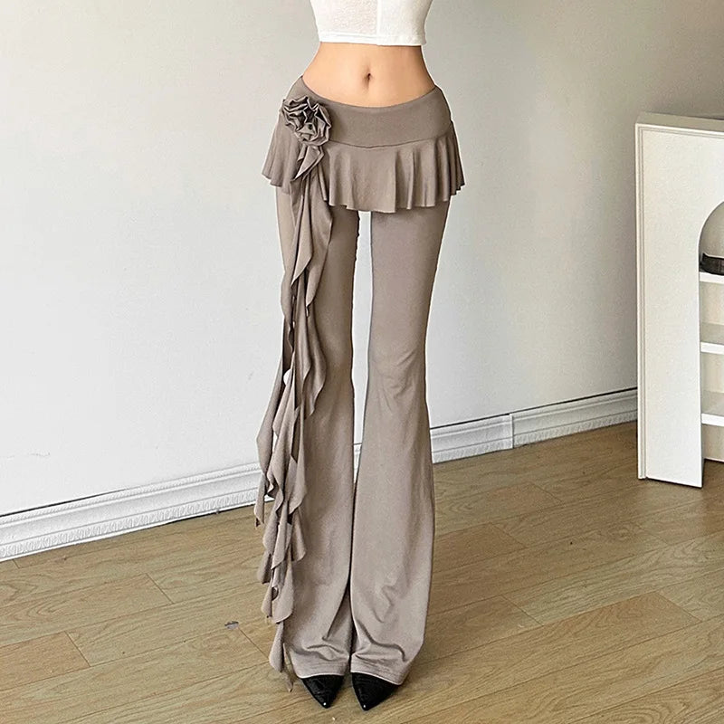 Floral Ribbon Straight Pants for Women - Solid Color Casual High Stretch Patchwork Trousers