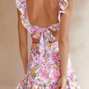 Floral Ruffle Back Tie Mini Dress - Y2K Aesthetic Cute Summer Outfit for Coquette Style