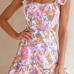 Floral Ruffle Back Tie Mini Dress - Y2K Aesthetic Cute Summer Outfit for Coquette Style