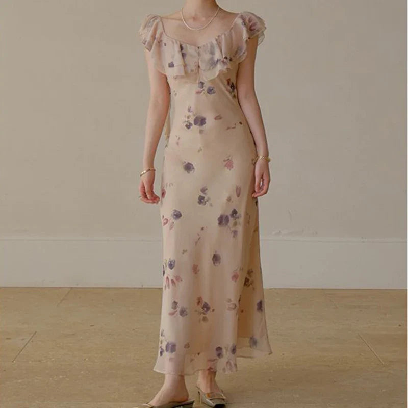 Floral Ruffle Chiffon Dress - Elegant Vintage Sling Style with Waist Cinch for Spring/Summer 2024