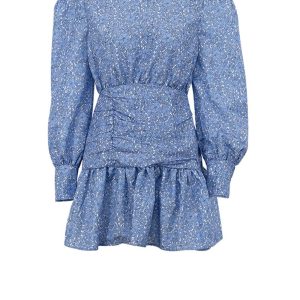 Floral Ruffle Dress with Blue Puff Sleeves - Y2K Aesthetic Cute Outfit