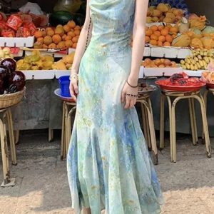 Floral Sling Backless Midi Dress - Sleeveless Korean Style for Spring Summer 2024 Fashion