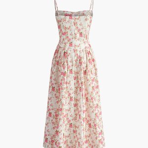 Floral Square Neck Zipper Dress - Y2K Aesthetic Cute Dress for Coquette Style Outfits