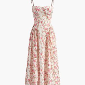 Floral Square Neck Zipper Dress - Y2K Aesthetic Cute Dress for Coquette Style Outfits