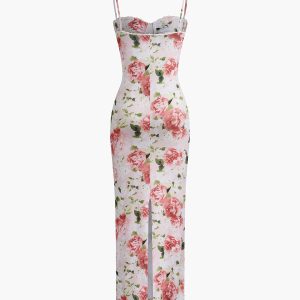 Floral Sweetheart Neck Y2K Aesthetic Slim Long Dress for Coquette Style Outfits