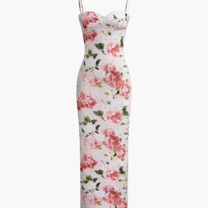 Floral Sweetheart Neck Y2K Aesthetic Slim Long Dress for Coquette Style Outfits