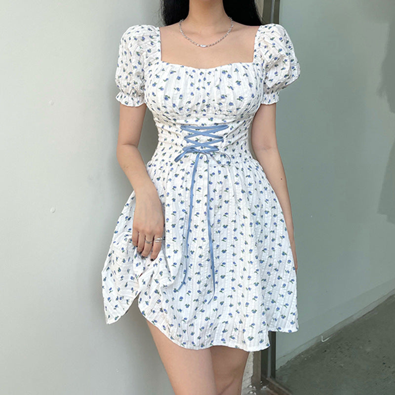 Floral Tie Front Mini Dress with Puff Sleeves - Y2K Aesthetic Cute Summer Outfit