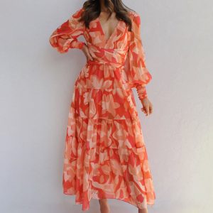 Floral V-Neck Long-Sleeved Dress for Women - Y2K Aesthetic Fashion Essential