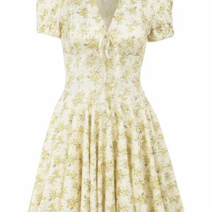 Floral V Neck Pleated Dress - Y2K Aesthetic Cute Dress for Coquette and Grunge Styles