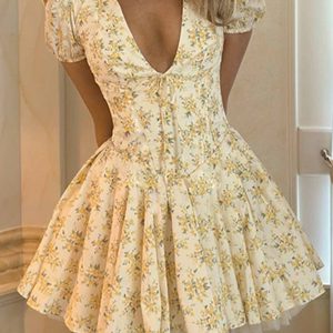 Floral V Neck Pleated Dress - Y2K Aesthetic Cute Dress for Coquette and Grunge Styles