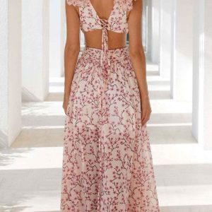 Floral V Neck Ruffled Backless Dress - Y2K Aesthetic Cute Summer Outfit