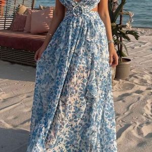 Floral V Neck Ruffled Backless Dress - Y2K Aesthetic Cute Summer Outfit