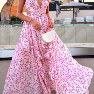 Floral V Neck Ruffled Backless Dress - Y2K Aesthetic Cute Summer Outfit