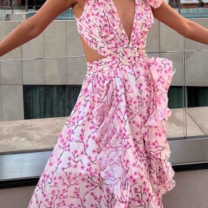 Floral V Neck Ruffled Backless Dress - Y2K Aesthetic Cute Summer Outfit