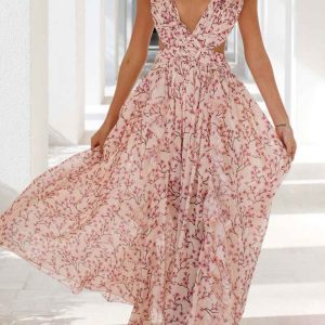 Floral V Neck Ruffled Backless Dress - Y2K Aesthetic Cute Summer Outfit