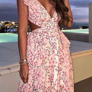 Floral V Neck Ruffled Backless Dress - Y2K Aesthetic Cute Summer Outfit