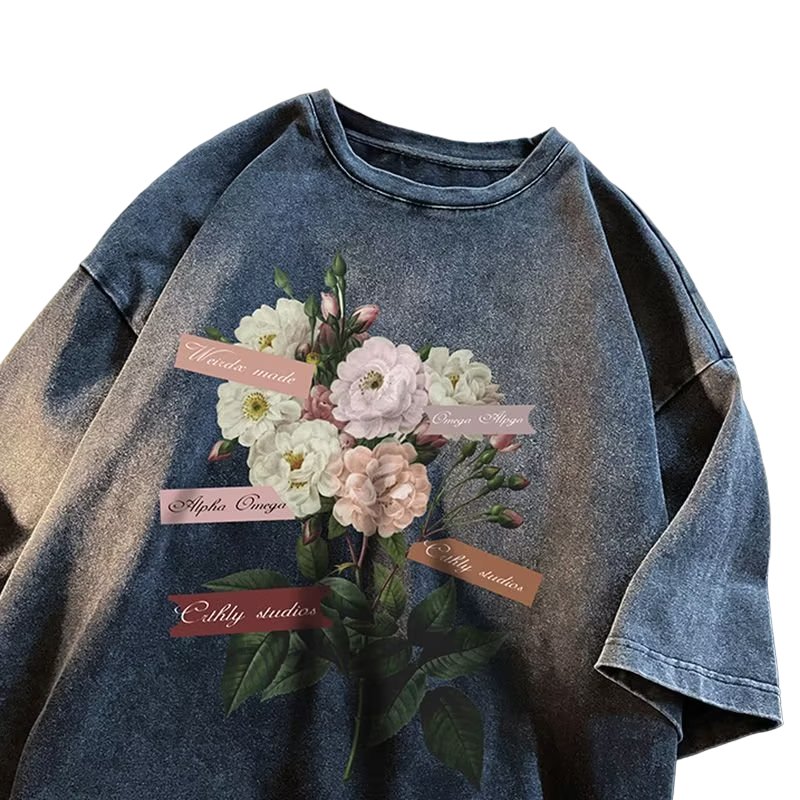 Floral Washed Cotton Oversized T-Shirt - Y2K Aesthetic Summer Essential for Effortless Style