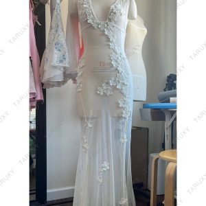 Floral White See-Through Maxi Dress for Women - Lace Chiffon Bodycon Wedding Party Cover-Up