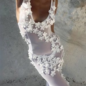 Floral White See-Through Maxi Dress for Women - Lace Chiffon Bodycon Wedding Party Cover-Up