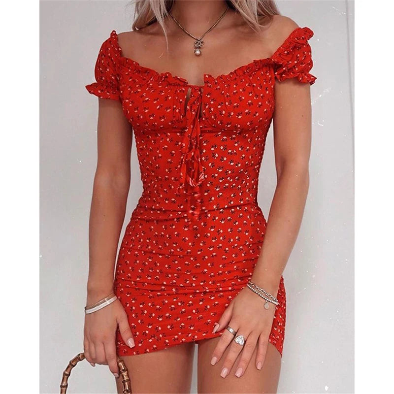 Floral Wrap Mini Dress for Women - Off Shoulder Tie Front Ruffle Pencil Dress for Office