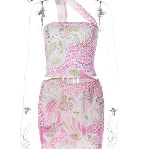 Floral Y2K Aesthetic 2-Piece Set: Sleeveless Backless Halter Crop Top & Mini Skirt for Parties