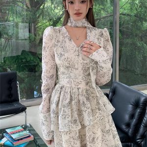 Floral Y2K Aesthetic Midi Dress - Long Sleeve Vintage V-Neck Autumn Streetwear