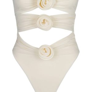 Floral Y2K Aesthetic One Piece Swimsuit for Women - Sexy Beige Hollow Out Monokini Beachwear