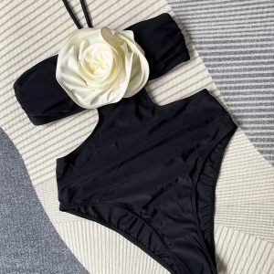 Floral Y2K Aesthetic One Piece Swimsuit for Women - Sexy Black & Beige Bandage Monokini