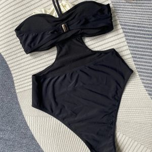 Floral Y2K Aesthetic One Piece Swimsuit for Women - Sexy Black & Beige Bandage Monokini