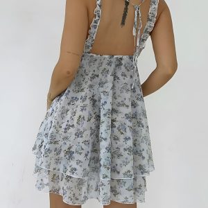 Floral Y2K Backless Knotted Mini Dress for a Cute Coquette Aesthetic Look